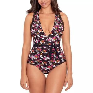 Skinny Dippers Ruffle One Piece Swimsuit Size L Black Floral New Belt Slimming